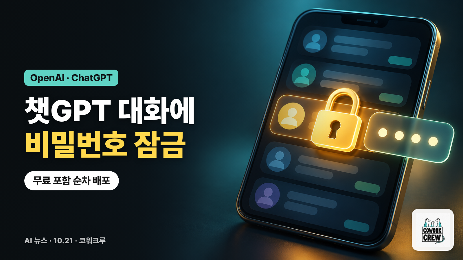잠금 자물쇠와 PIN 입력창이 떠 있는 휴대폰 대화 목록 위에 '챗GPT 대화에 비밀번호 잠금' 문구가 적힌 표지