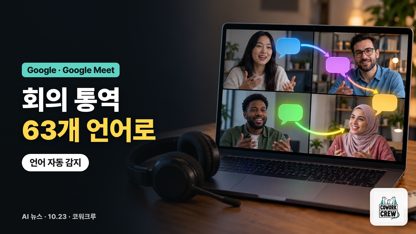 노트북 화상회의 화면 속 말풍선이 색을 바꾸며 오가는 그림과 '회의 통역 63개 언어로' 문구