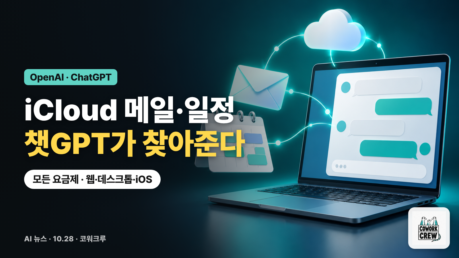 노트북 채팅 화면에서 메일 봉투와 캘린더가 구름과 연결된 그림 위에 'iCloud 메일·일정, 챗GPT가 찾아준다' 문구