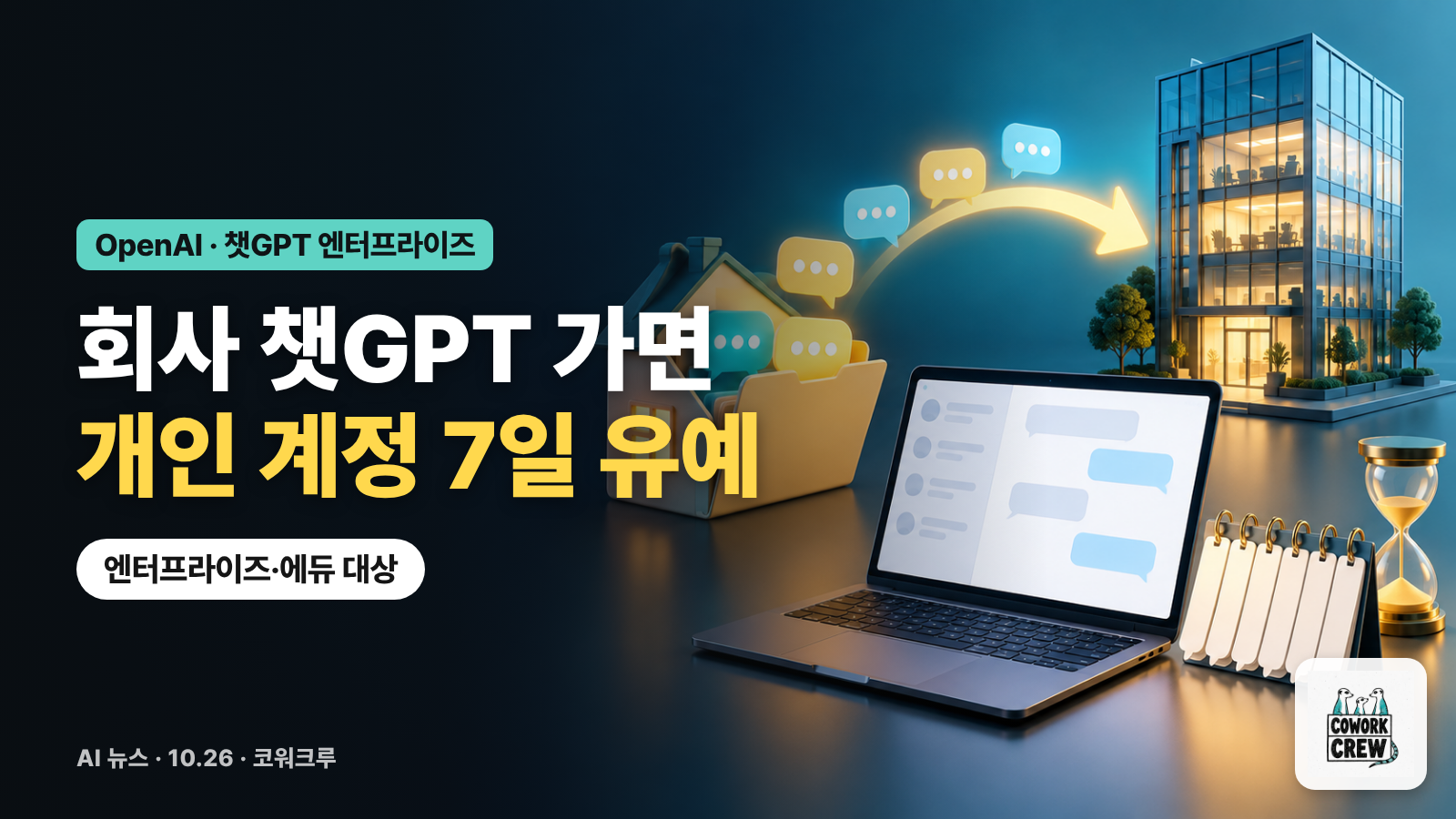 개인 폴더의 대화가 회사 건물로 옮겨지는 그림 위에 회사 챗GPT 가면 개인 계정 7일 유예라는 문구