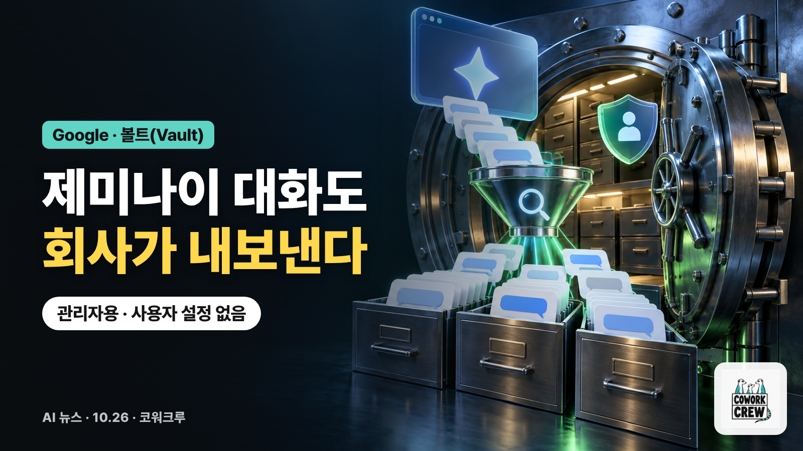 AI 대화 카드가 거름망을 거쳐 금고 서랍에 정리되는 그림 위에 제미나이 대화도 회사가 내보낸다는 문구