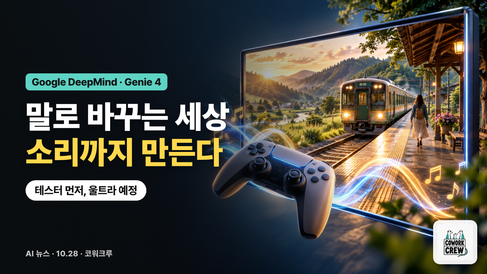 화면 속 시골 기차역에서 소리가 흘러나오는 그림 위에 '말로 바꾸는 세상, 소리까지 만든다' 문구